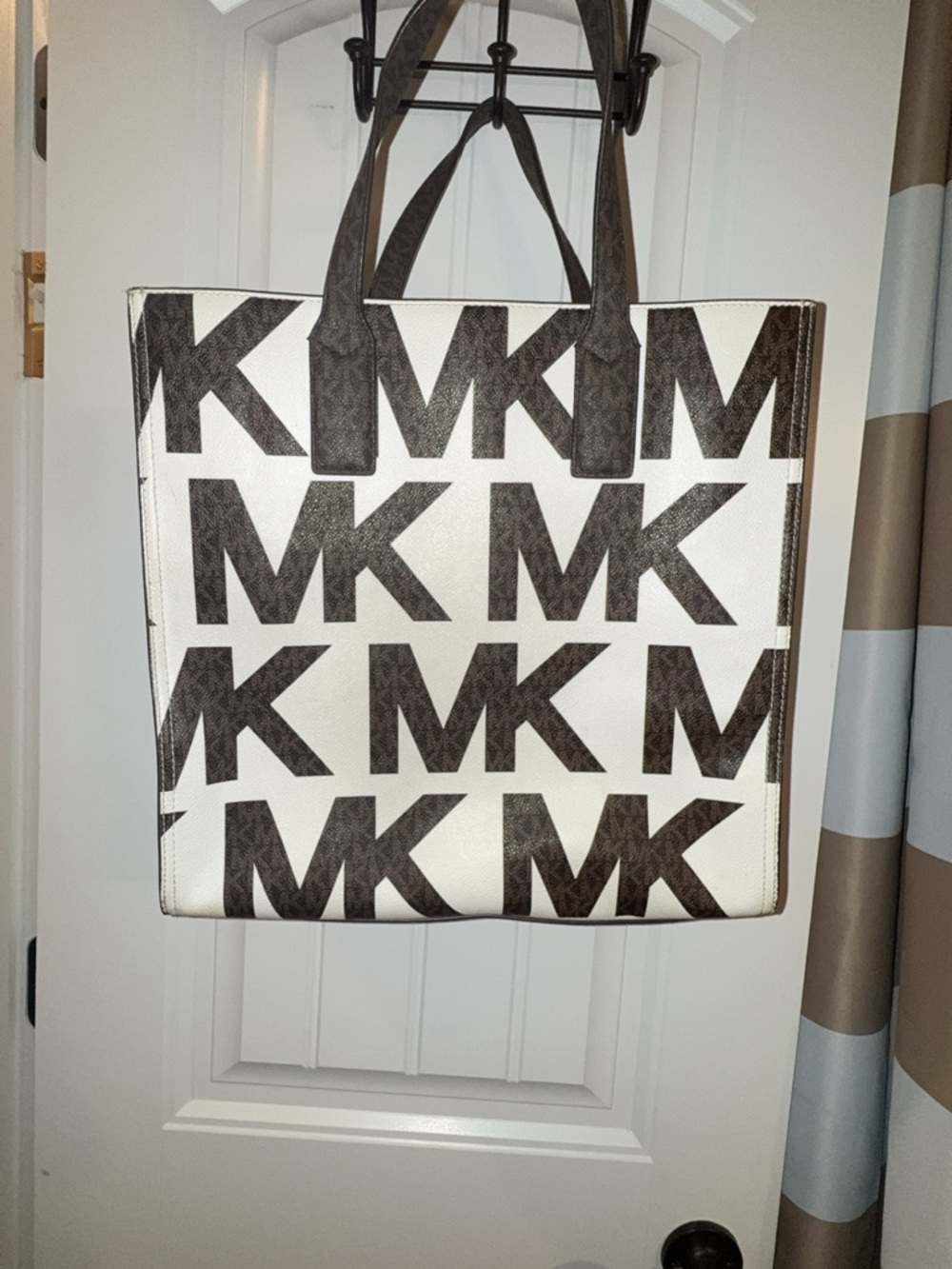 Authentic Michael Kors White and Brown MK Monogram Tote with Gold Hardware - Picture 3 of 5